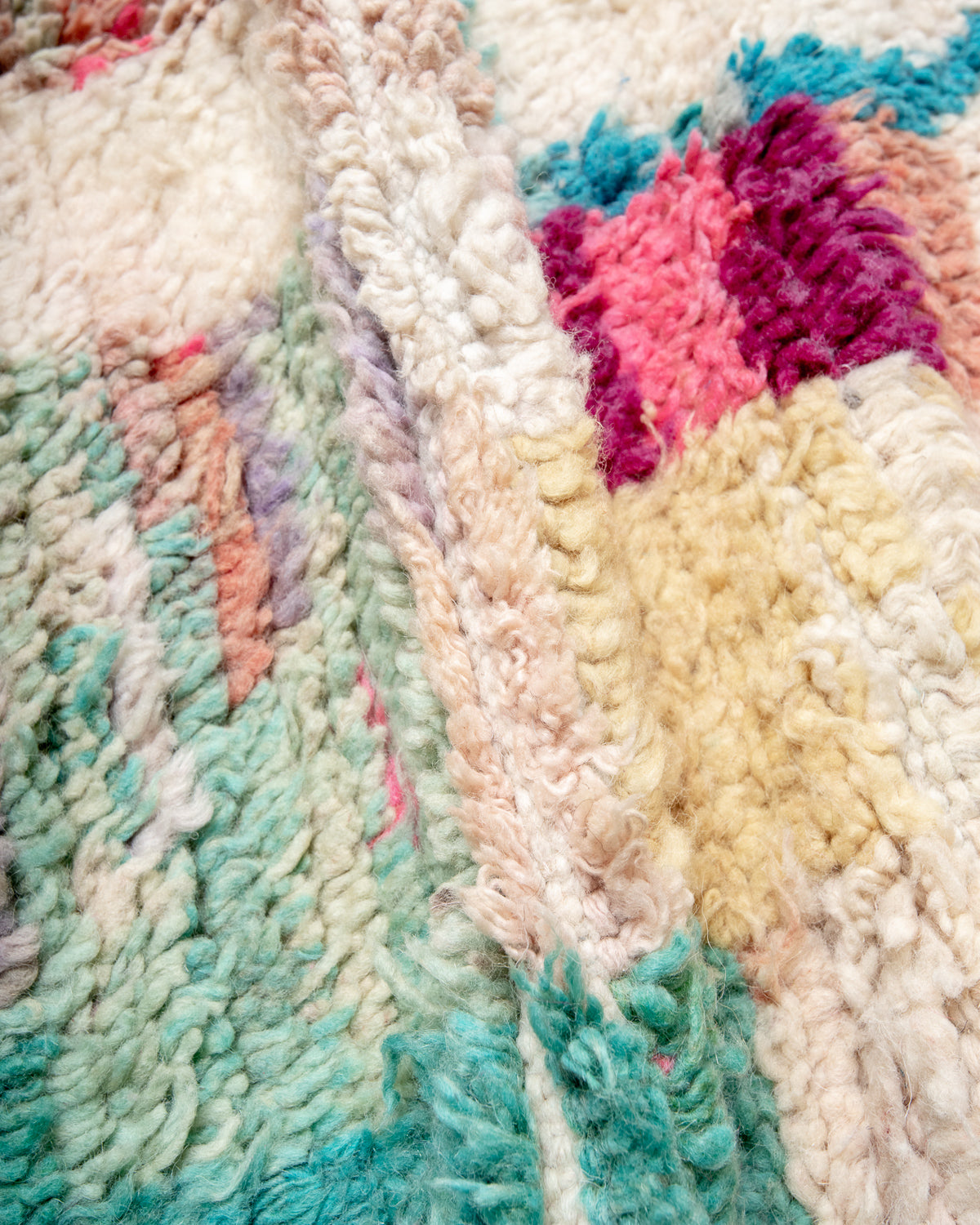 Modern, designer, handcrafted Berber rug from Morocco. Vintage carpet with beautiful colours and patterns and fluffy texture.